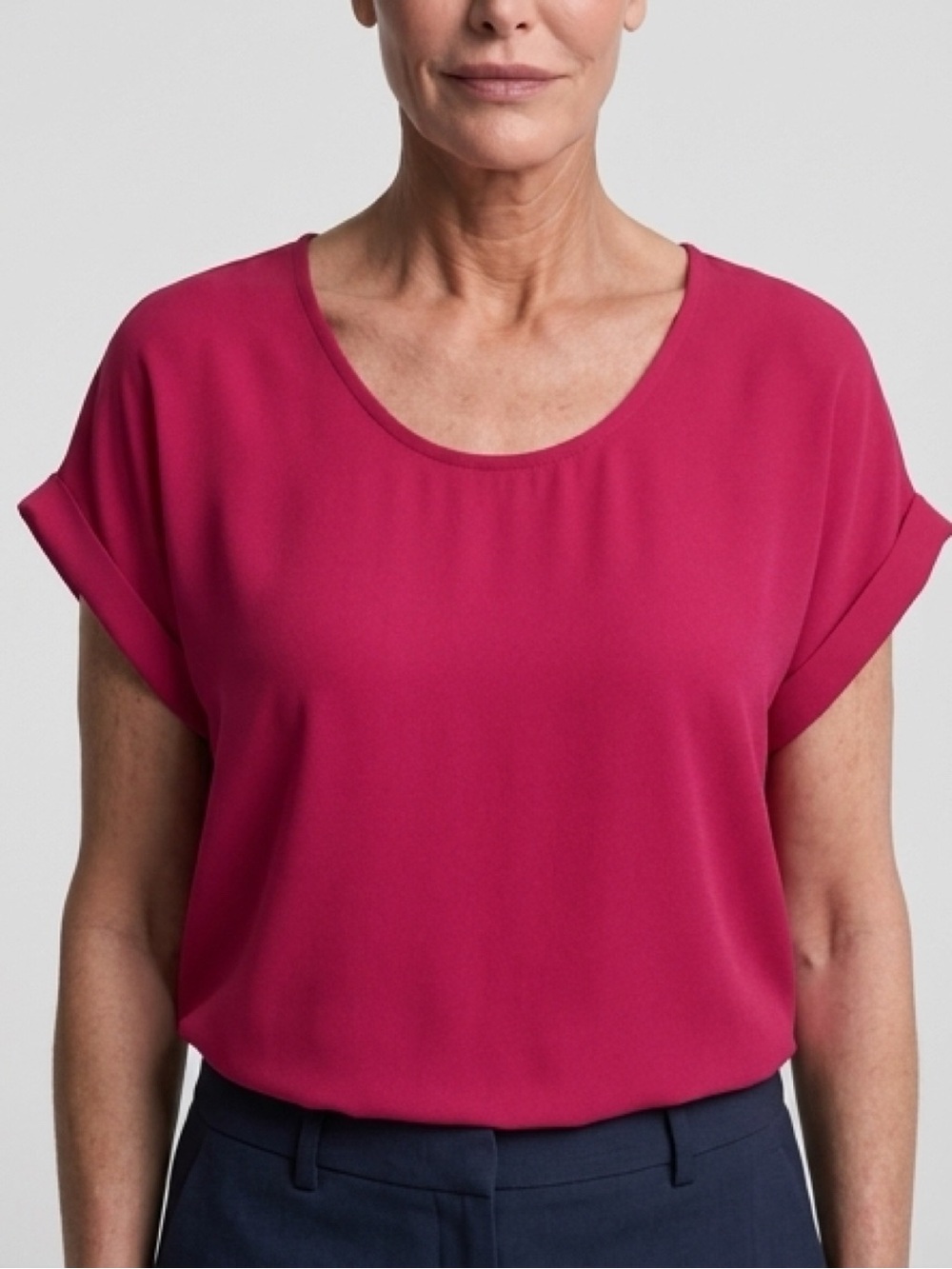 Calvin Klein Rolled-Sleeve Scoop Neck Blouse — Coral/Fuchsia, see photos
